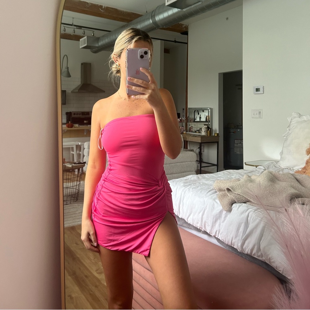 Hot pink mini dress with slit